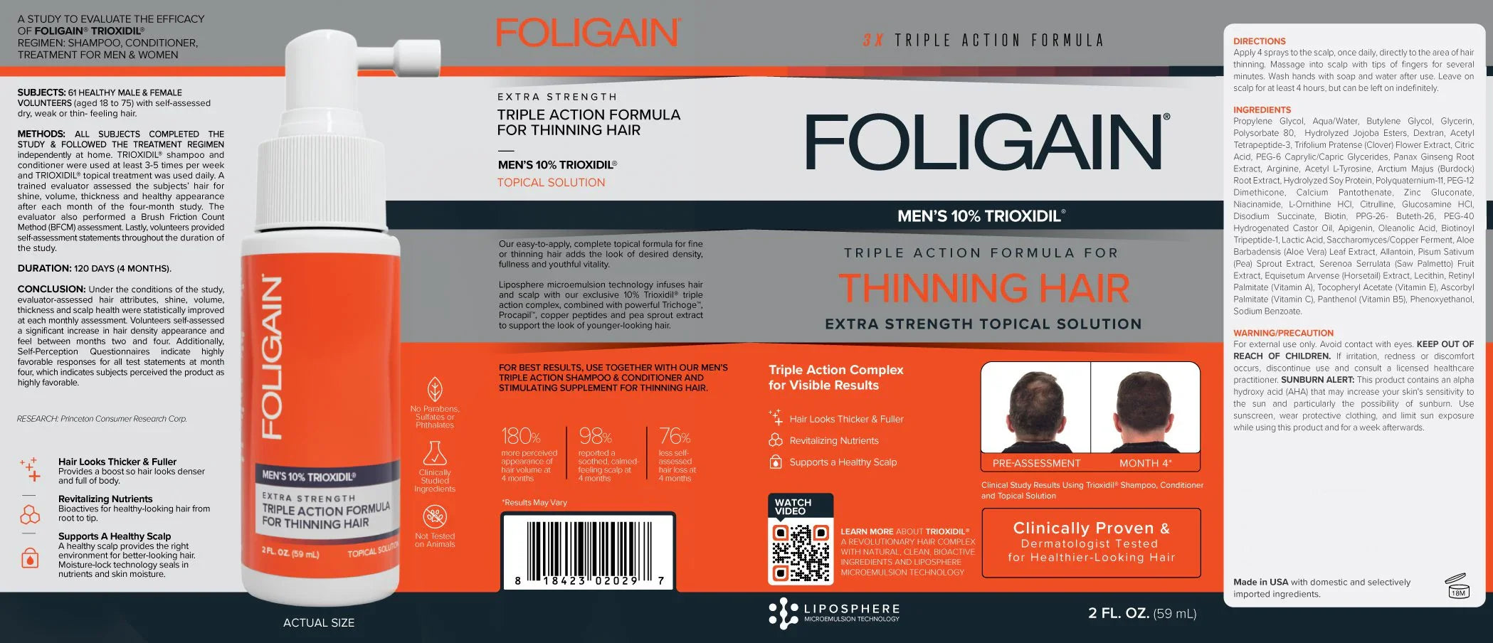 Men's Foligain® Hármas Hatású Folyadék Vékonyodó Hajra Férfiaknak 10% Trioxidil (59 ml) - TincsTitok Webáruház