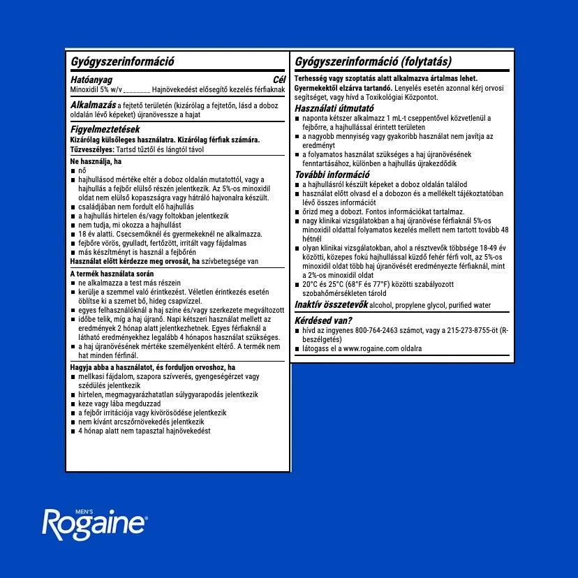 Rogaine hajhullás elleni szer magyar nyelvű gyógyszerinformációja és használati útmutatója
