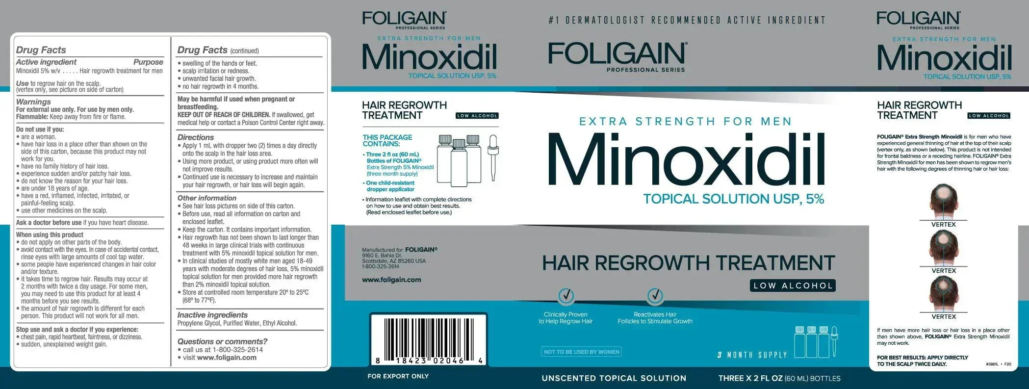 Men's Foligain® 5% Minoxidil Alacsony Alkoholtartalmú Folyadék Férfiaknak (180 ml) - TincsTitok Webáruház