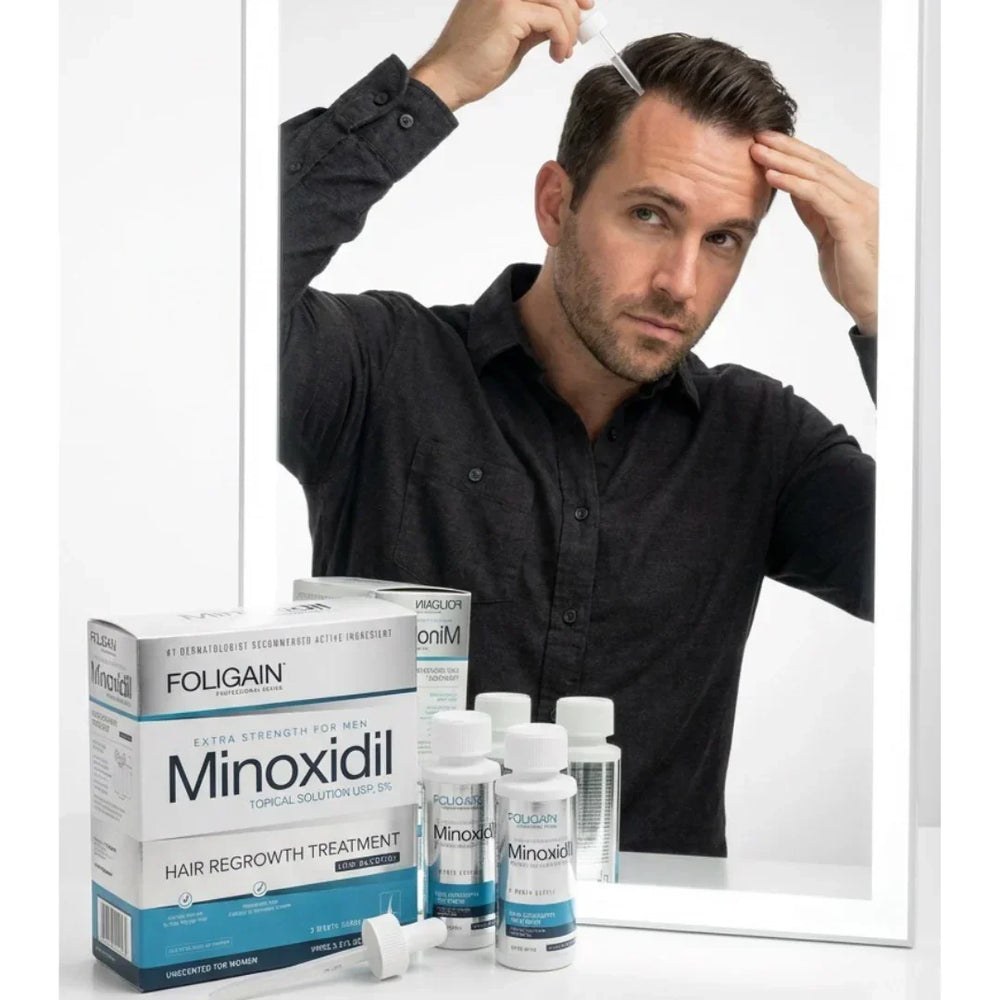 Férfi Foligain Minoxidil hajhullás elleni szerrel kezeli haját a tükör előtt