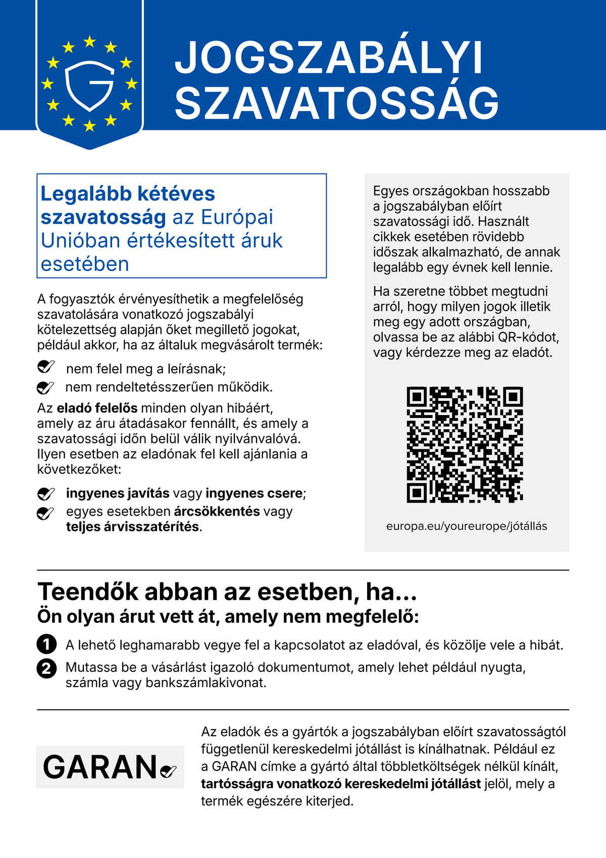 Az Európai Uniós jogszabályi szavatossági tájékoztató